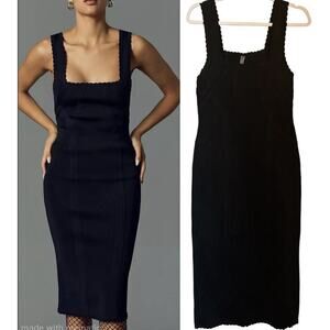 Anthropologie Size M Slim SquareNeck Midi Bandage Knit‎ Black Dress Office Siren